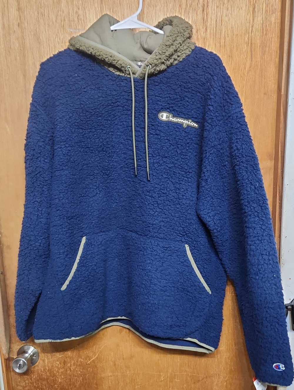 Champion Navy Sherpa Pullover Hoodie with Olive Trim